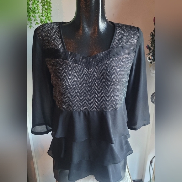 Amanda Collection Black Ruffle Layered Top S - Picture 1 of 7